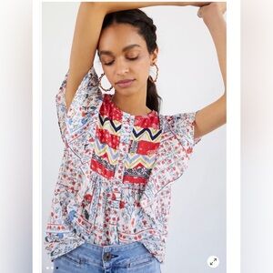 Anthropologie Top Bandana Floral print button flutter sleeve blouse Medium Maeve